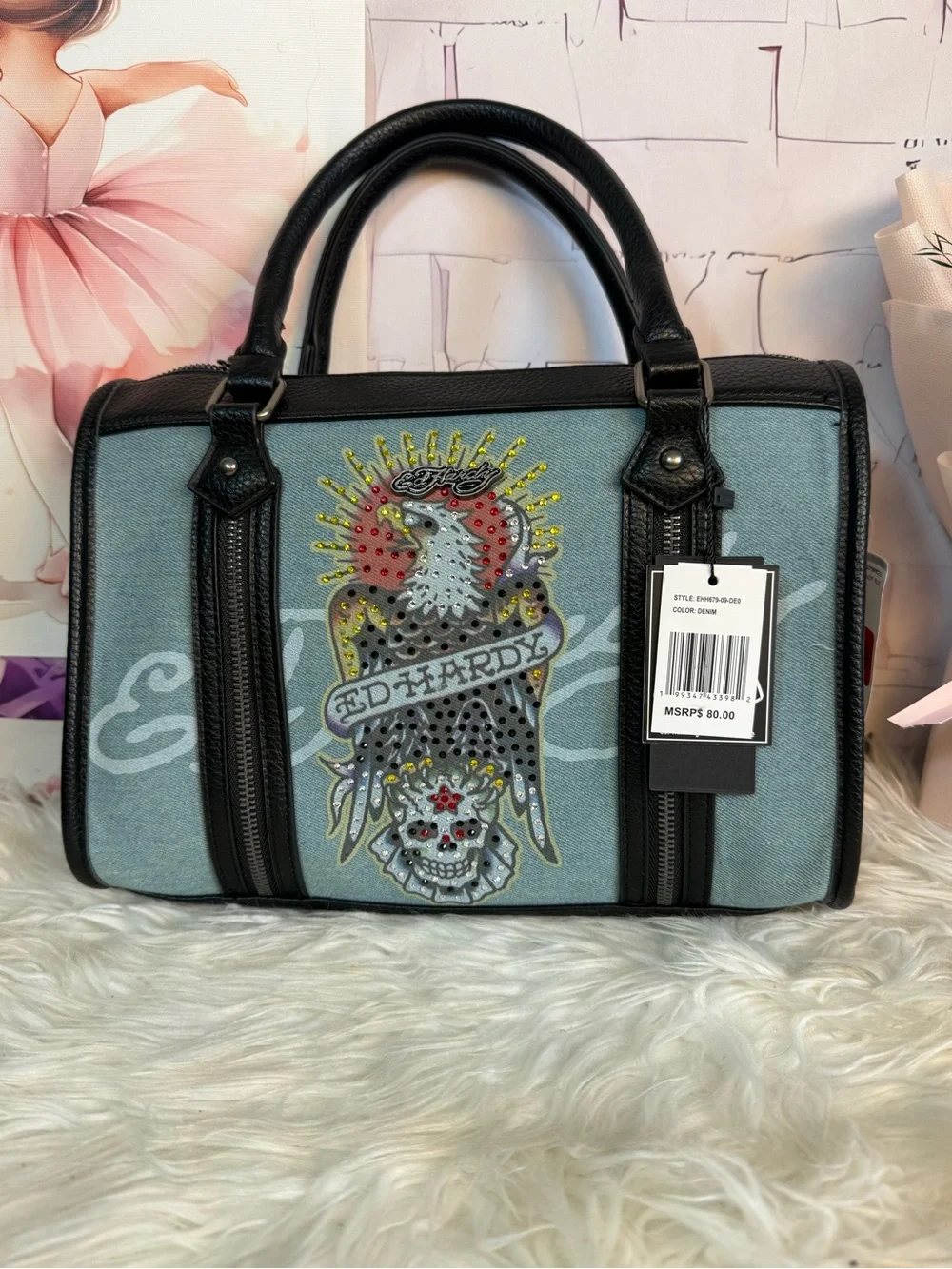 Ed Hardy Denim Blue Studded Eagle Satchel with Black Trim